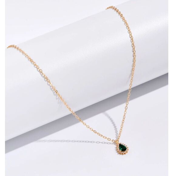 Emerald Green Teardrop Crystal Pendant Necklace Gold Gemstone Charm Fashion Jewl - Picture 4 of 6